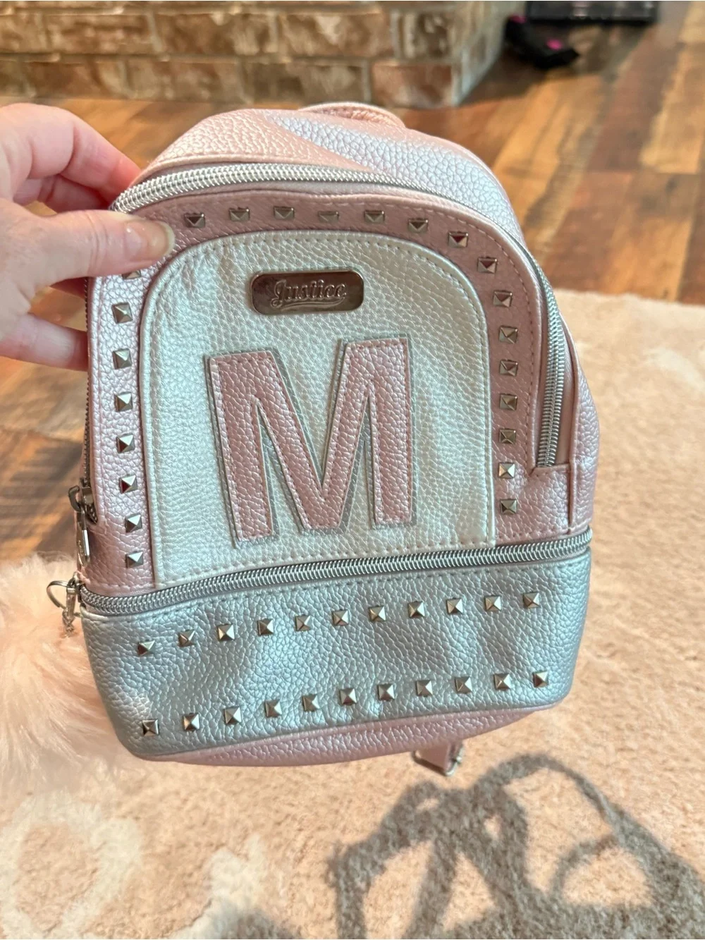 Pink and Silver M Accent Mini Backpack Justice Brand, New